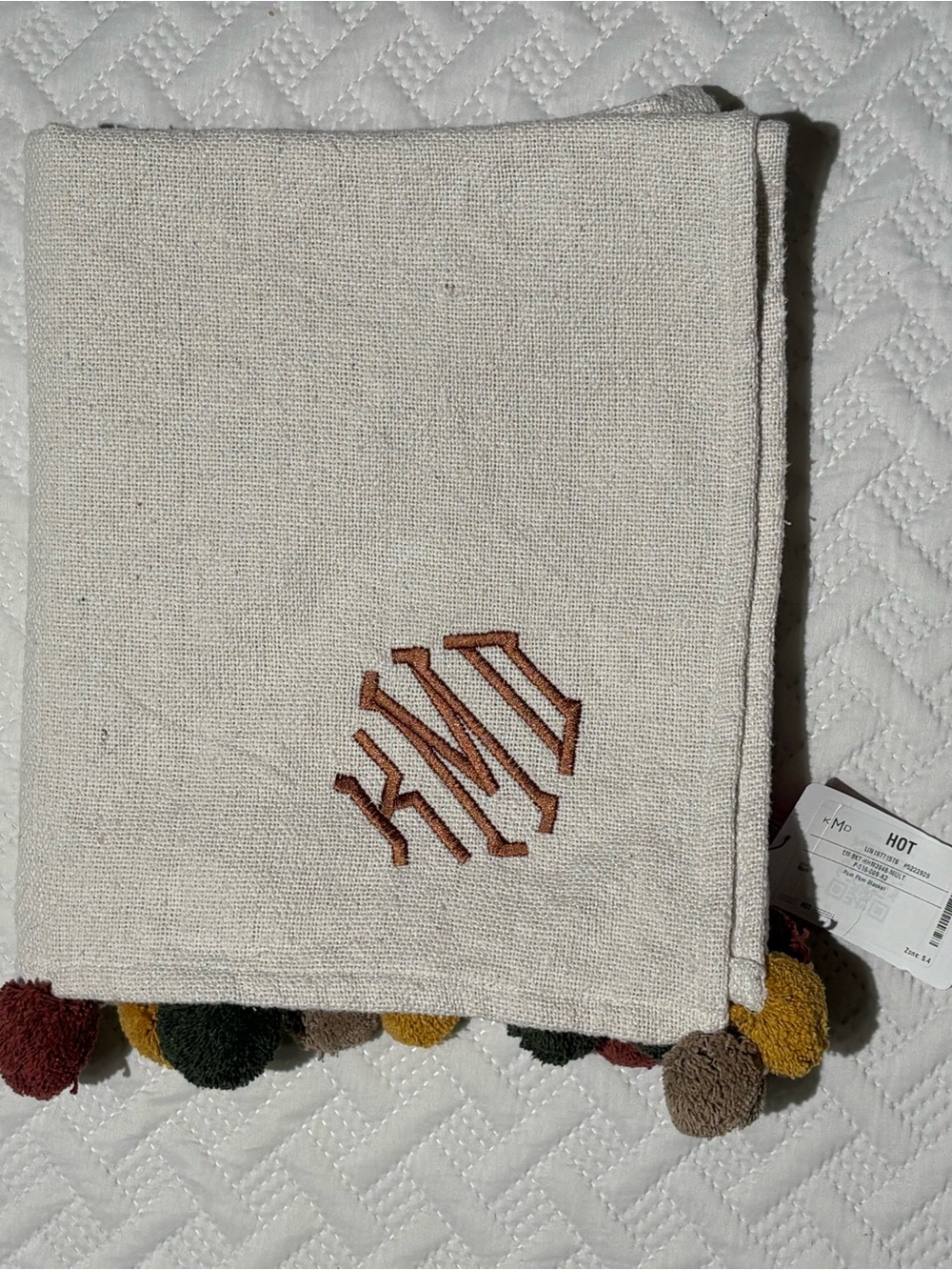 NWT Marley Lilly 50x60 Ivory Pom Pom Throw Blanket Monogram KMD Cozy Soft
